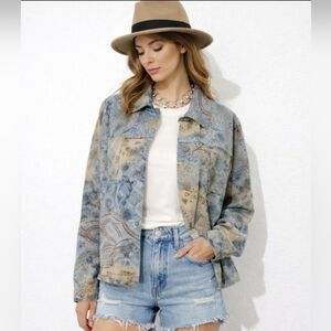 Marsh Landing Women's Denim Jacket L Blue Brown Paisley Floral Print 100% Cotton